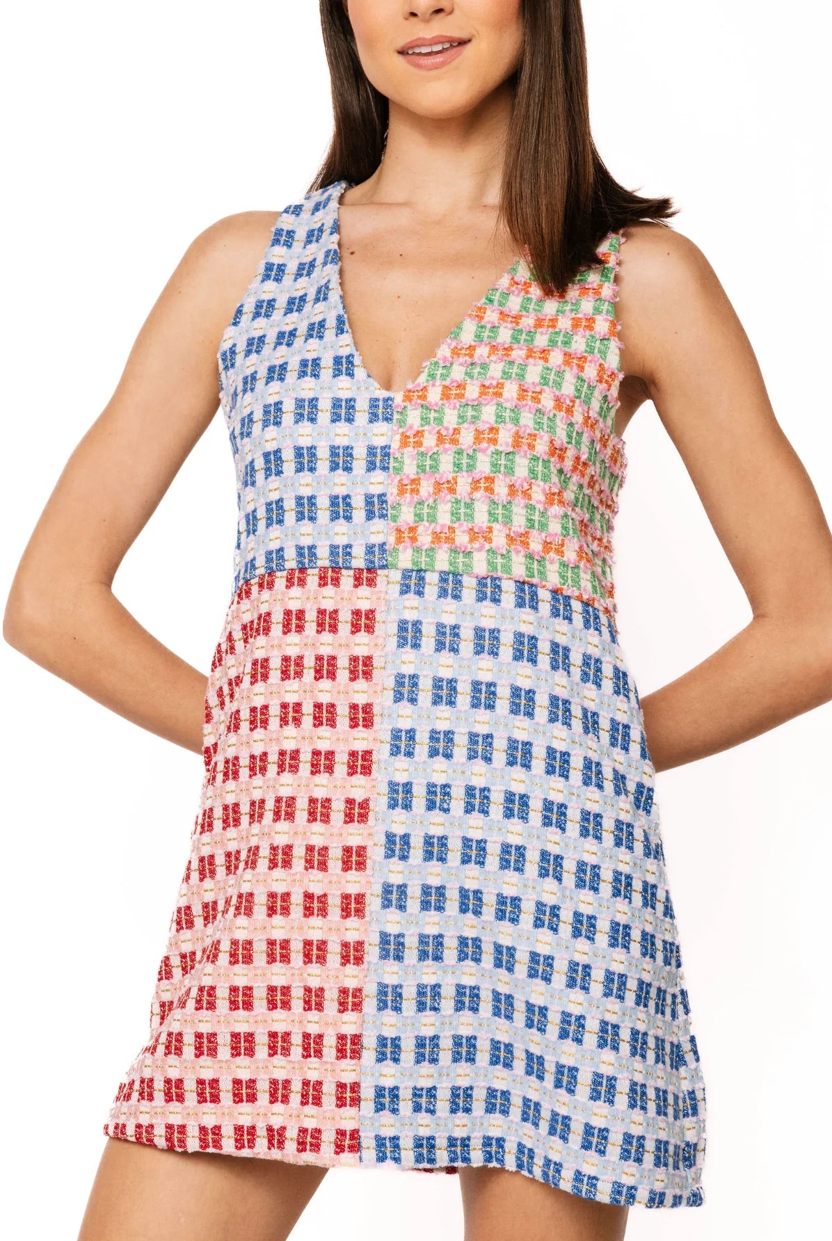 Queen of Sparkles Colorblock Tweed V Neck Tank Dress