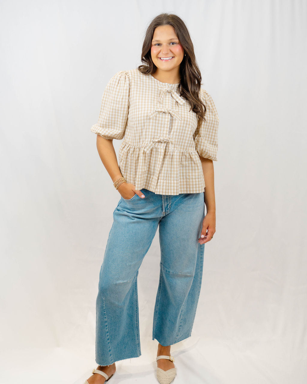 Tally Puff Short Sleeve Front Tie Top | Tan
