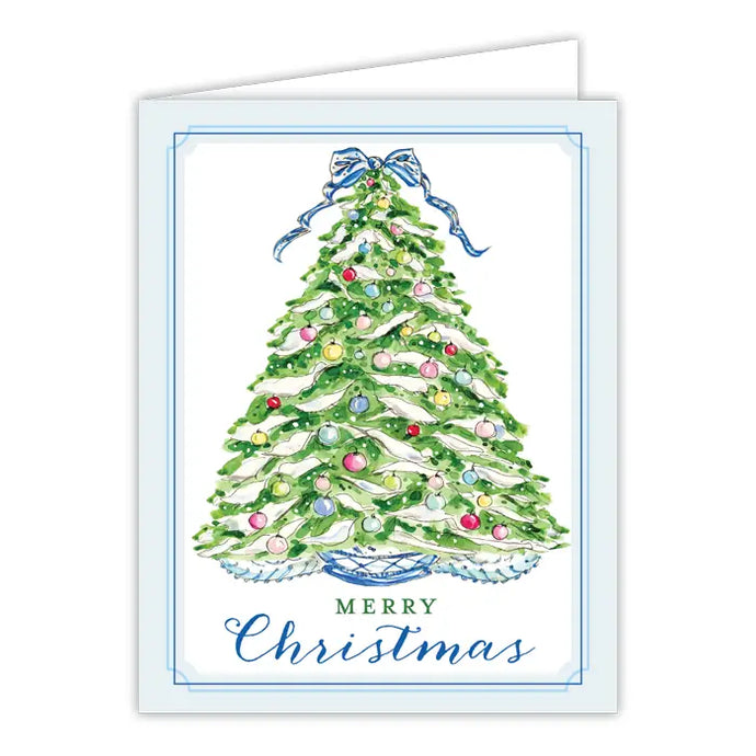 Handpainted Merry Christmas Tree with Snow and Blue Bow Greeting Card