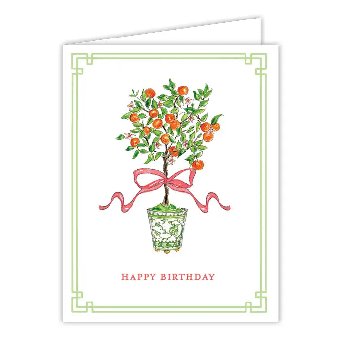 Happy Birthday Orange Topiary Chinoiserie Pot Greeting Card