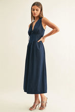 Load image into Gallery viewer, Adelyn Rae Arabelle Chambray Sleeveless Corset Midi Dress | Indigo Blue