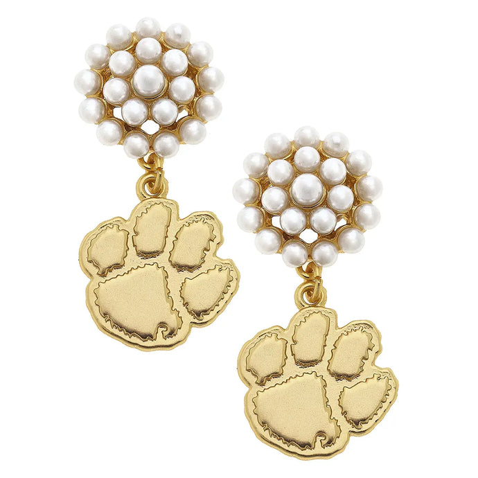 Clemson Tigers Pearl Cluster 24K Gold Plated Logo Earrings