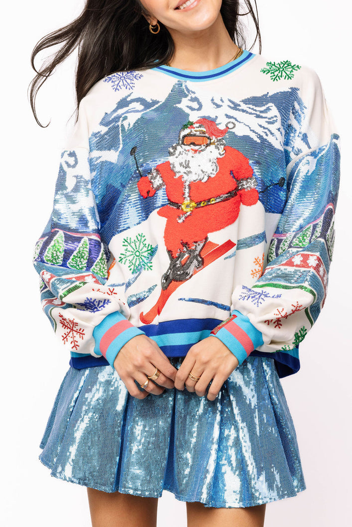 Queen of Sparkles White & Blue Vintage Skiing Santa Sweatshirt