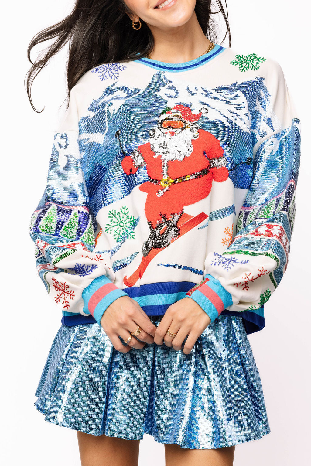 Queen of Sparkles White & Blue Vintage Skiing Santa Sweatshirt