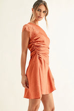 Load image into Gallery viewer, Adelyn Rae Jordyn Asymmetric Hem Ruched Mini Dress | Burnt Orange