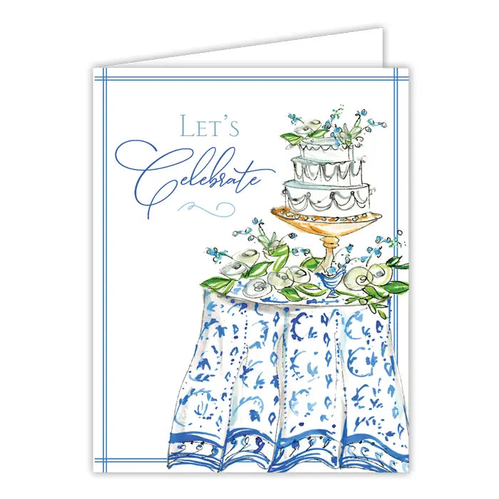 Let’s Celebrate Cake and Flowers on Table Greeting Card