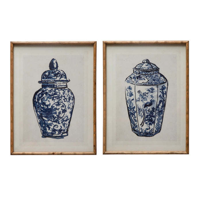Blue & White Wood Framed Glass Cachepot Wall Decor