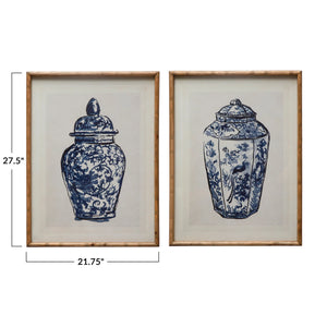 Blue & White Wood Framed Glass Cachepot Wall Decor