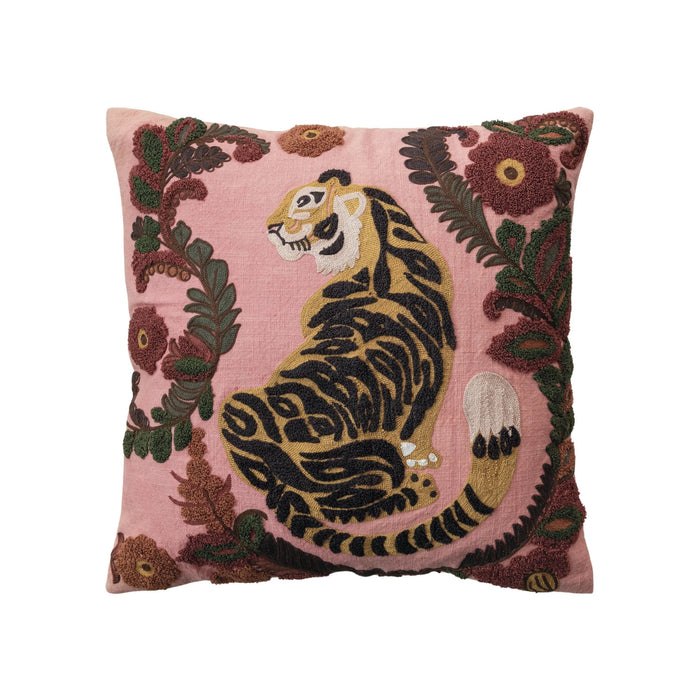 Embroidered Tiger Floral Pillow
