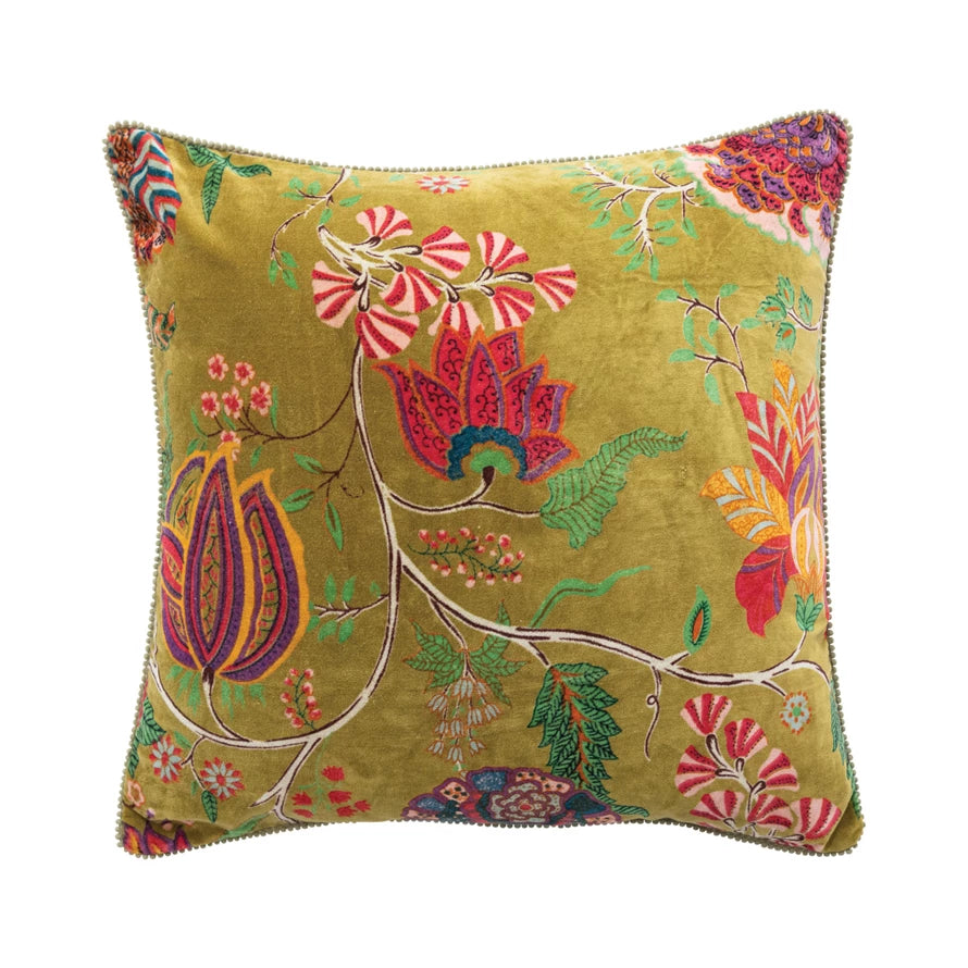 Square Cotton Velvet Printed Pillow W/ Floral Pattern