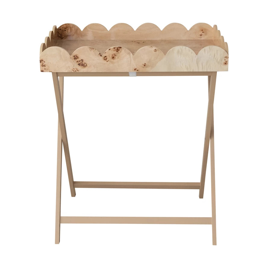 Burl Wood Veneer Folding Table W/ Removable Scalloped Tray