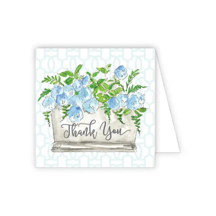 Thank You Handpainted Blue Flowers In Silver Tub Enclosure Card