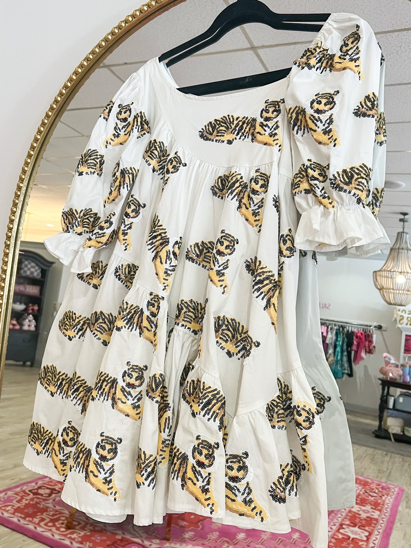 Queen of Sparkles White Asymmetrical Tiger Dress