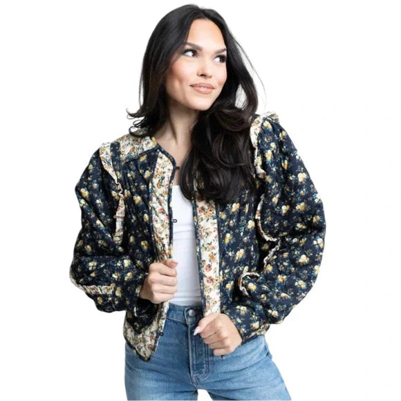 Karlie Floral Vintage Cord Novelty Jacket | Navy