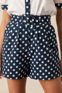 Prosperina Colleen Classic Belted Shorts |  Navy Polka Dot