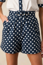 Load image into Gallery viewer, Prosperina Colleen Classic Belted Shorts |  Navy Polka Dot