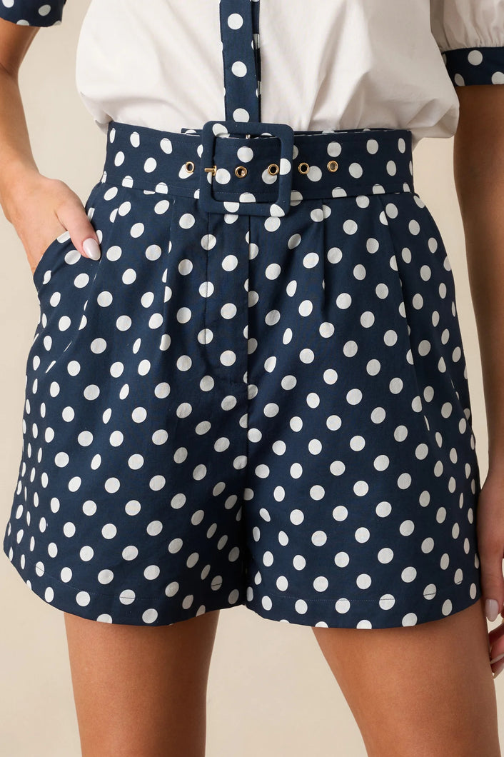 Prosperina Colleen Classic Belted Shorts |  Navy Polka Dot