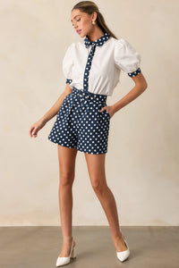 Prosperina Colleen Classic Belted Shorts |  Navy Polka Dot