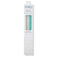 Load image into Gallery viewer, Glitter Clear &amp; Aqua Reusable Straw Set
