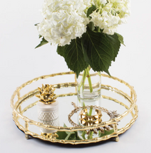 Load image into Gallery viewer, Gold Bamboo Round Mirrored Tray